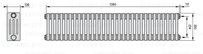 Схема (чертеж) Радиатор Zehnder Charleston 4030/30 №7610 Белый глянцевый RAL 9016
